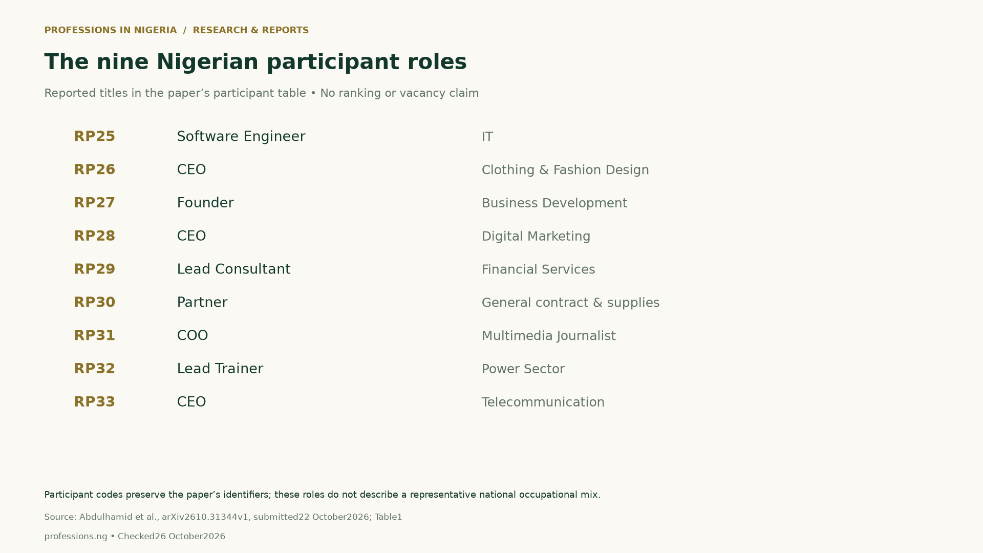 Nine Nigerian participant codes and reported roles from the study table, RP25 through RP33, spanning software, fashion, business development, marketing, finance, supplies, journalism, power-sector training and telecommunications.