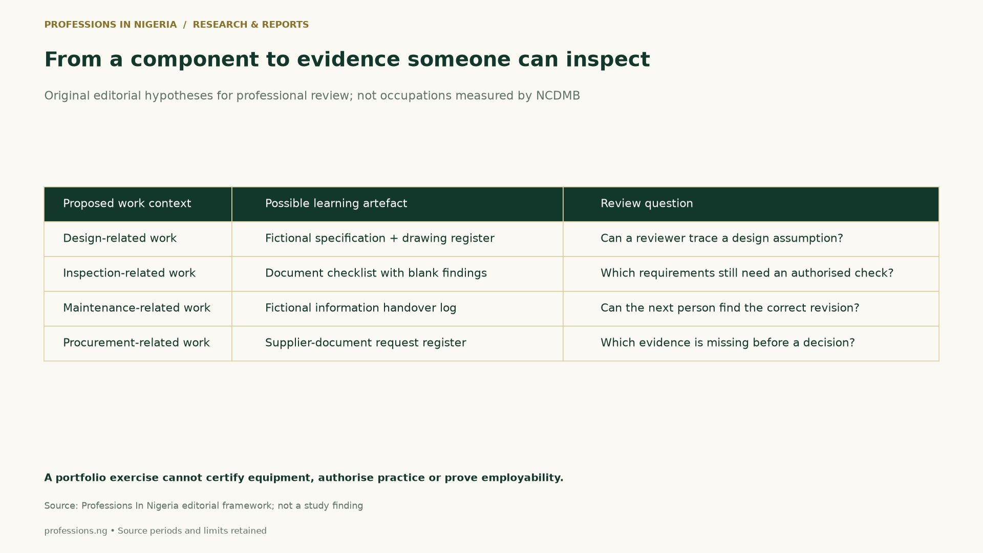 Editorial matrix pairs design, inspection, maintenance and procurement contexts with proposed learning artefacts and reviewer questions. These are hypotheses, not roles or skills measured by NCDMB.