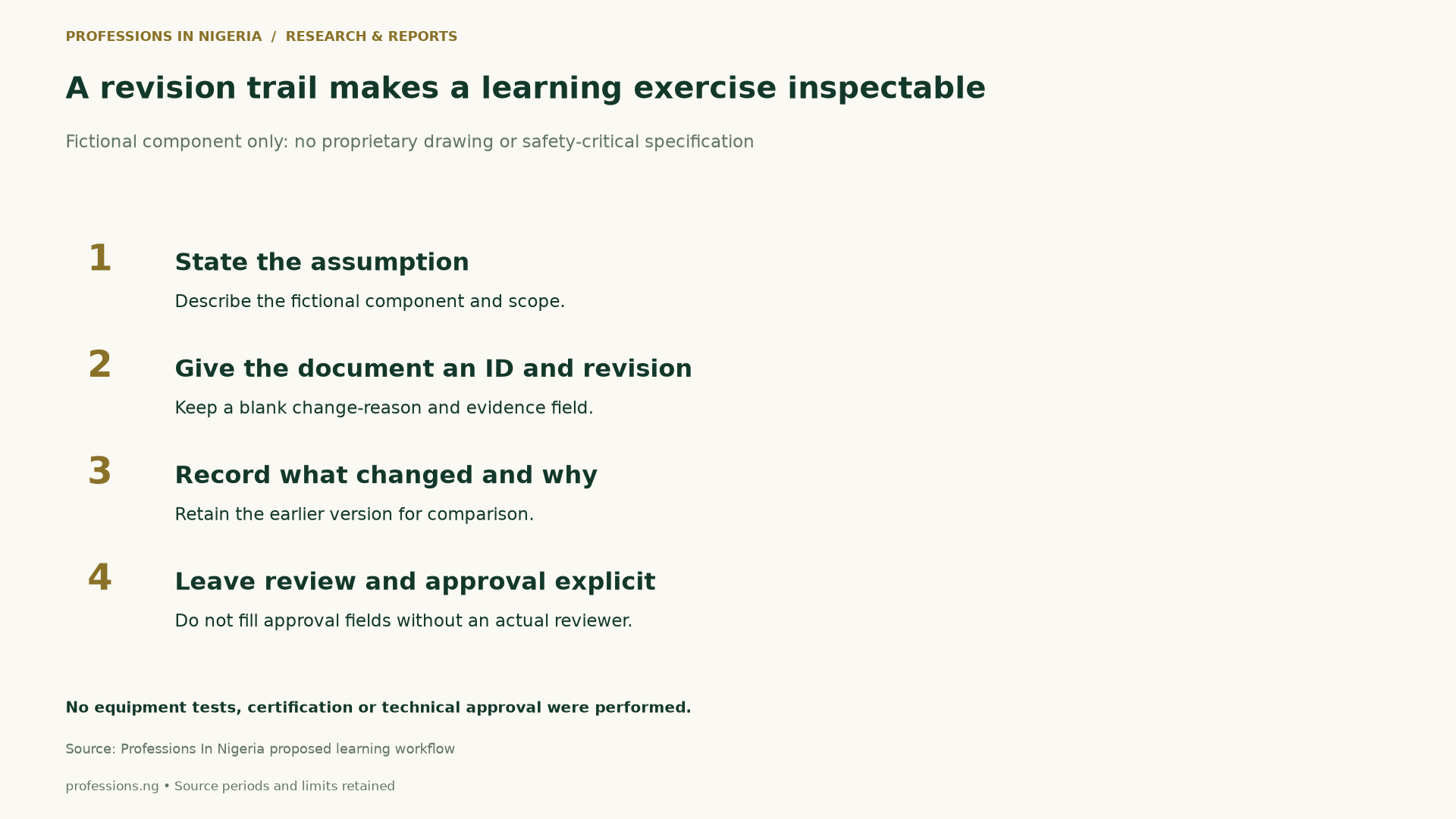 Four proposed steps: state the assumption, assign document ID and revision, record the change and reason, and leave review and approval explicit. No tests or approval performed.