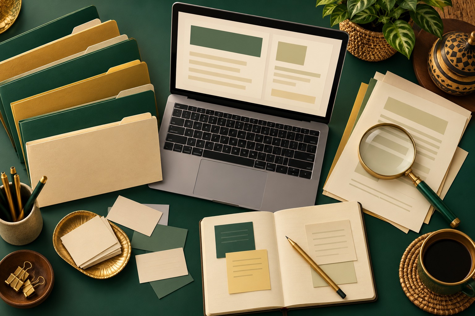Conceptual AI-generated desk illustration with a generic laptop, folders, source cards and magnifying glass; no actual client records.