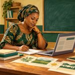 Conceptual illustration of a Nigerian teacher preparing digital teaching materials with a laptop and paper lesson resources.