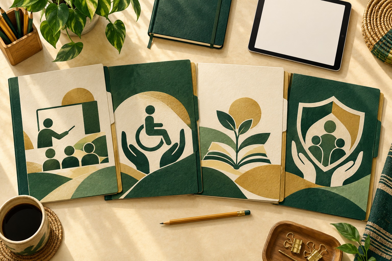 Conceptual illustration of four blank teacher-portfolio folders, a tablet and a notebook in forest green and gold.