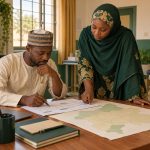 Conceptual AI-generated illustration of adult Nigerian outreach coordinators reviewing a generic schedule and map; not actual programme participants or patient data.