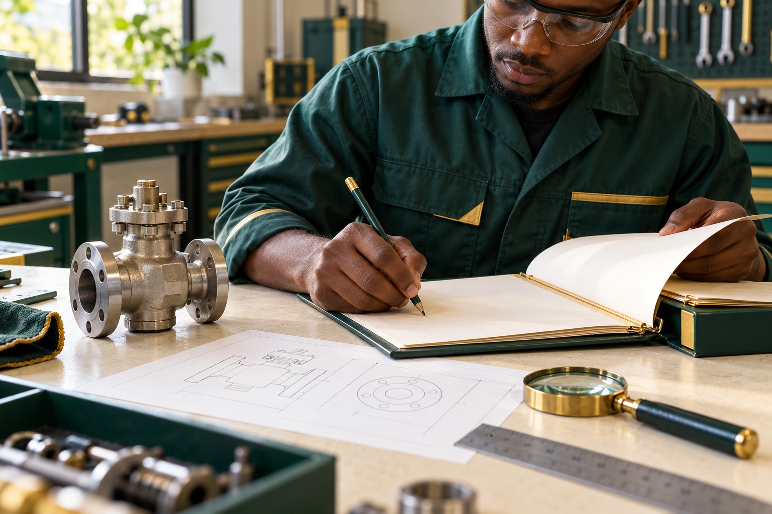 Conceptual AI-generated workshop illustration of a Nigerian technician documenting a generic valve beside a fictional sketch and folder.