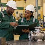 Conceptual AI illustration of Nigerian workshop staff reviewing a generic valve and documentation for oil and gas manufacturing skills in Nigeria.