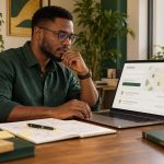 Conceptual AI-generated illustration of a Nigerian developer reviewing a generic address prototype and test notes; not a built or tested application or actual participant.