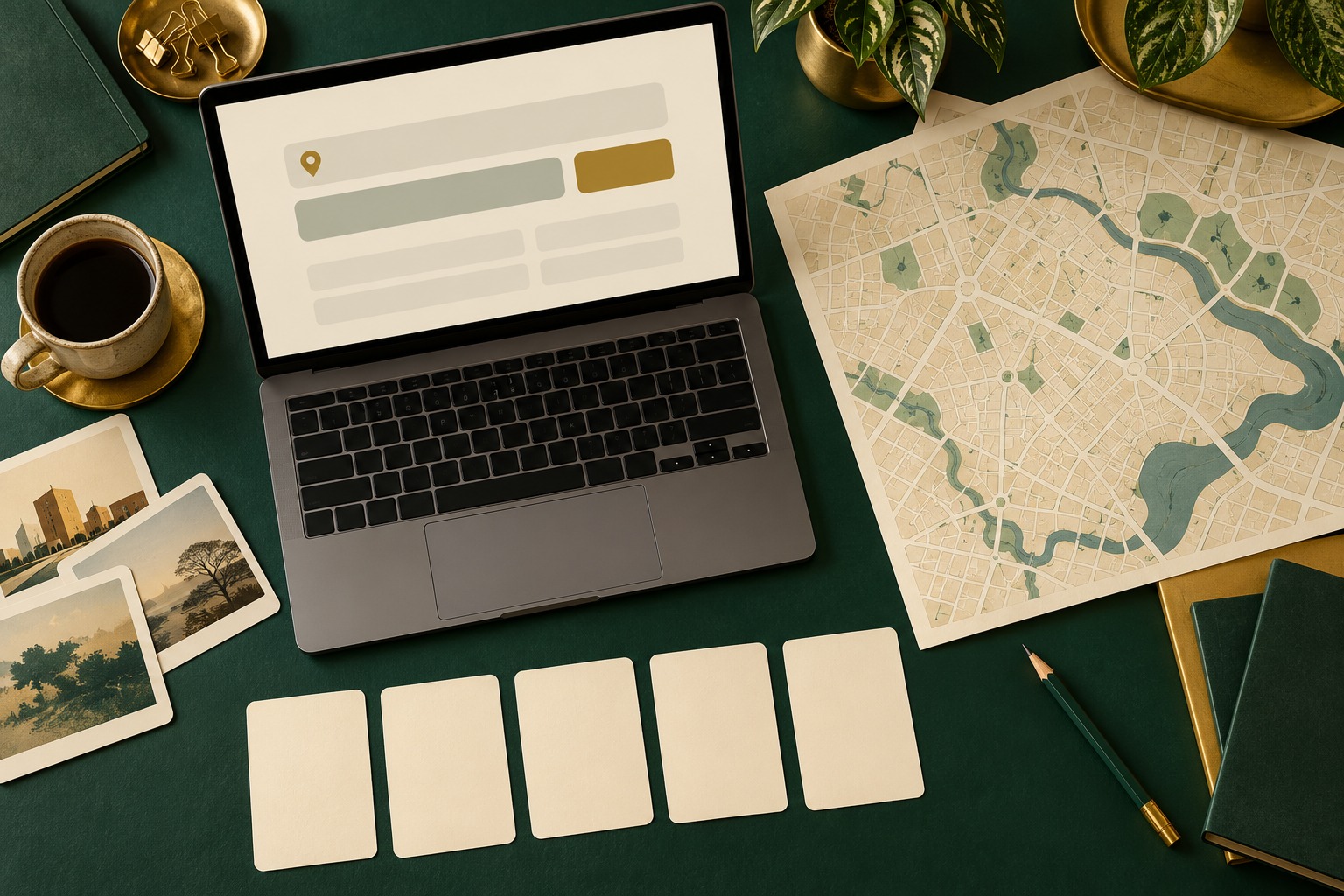 Conceptual AI-generated illustration of a generic laptop prototype, unlabelled map sketch and blank test cards; no live API result or actual address data.